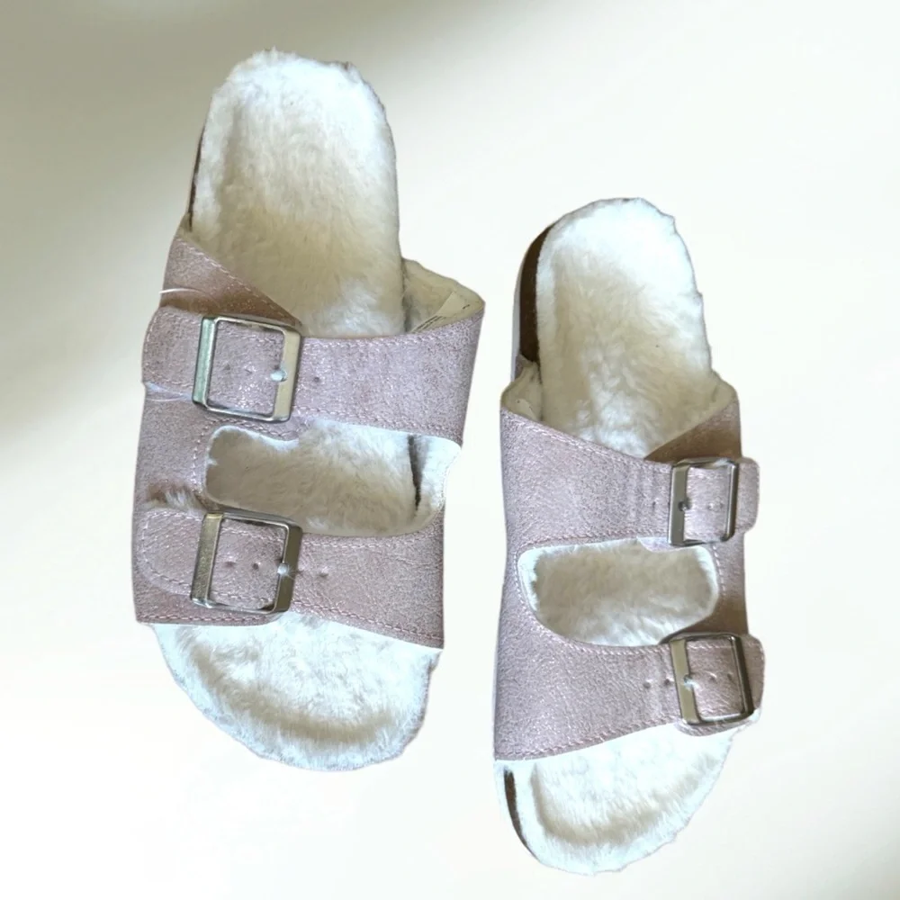 Sugar & Jade Tween Girls Faux Fur Double Buckle Slides - Pink Size 4 NWT